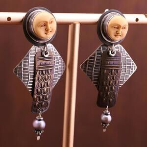 *sold etsy* VTG Tabra Artisan Moon Face Goddess Dangle Clip Earrings 925 Copper